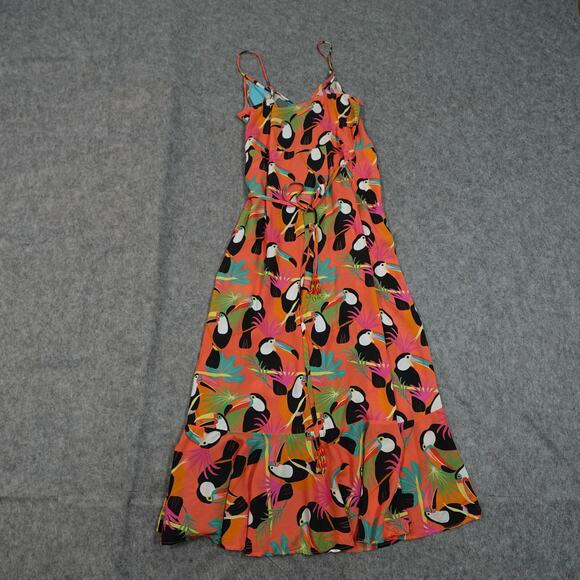 Farm Rio Dress Womens Small Toucan Wrap Midi V-Neck Beaded Tassel Tropical - Picture 4 of 12